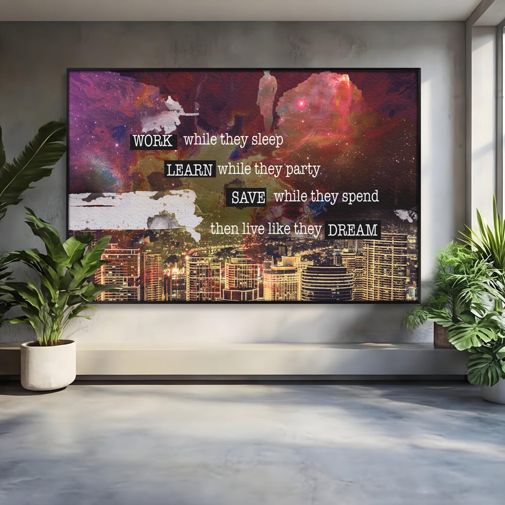 Tablou canvas cu tablou motivational cu oras si cer cosmic, in rama de aluminiu negru